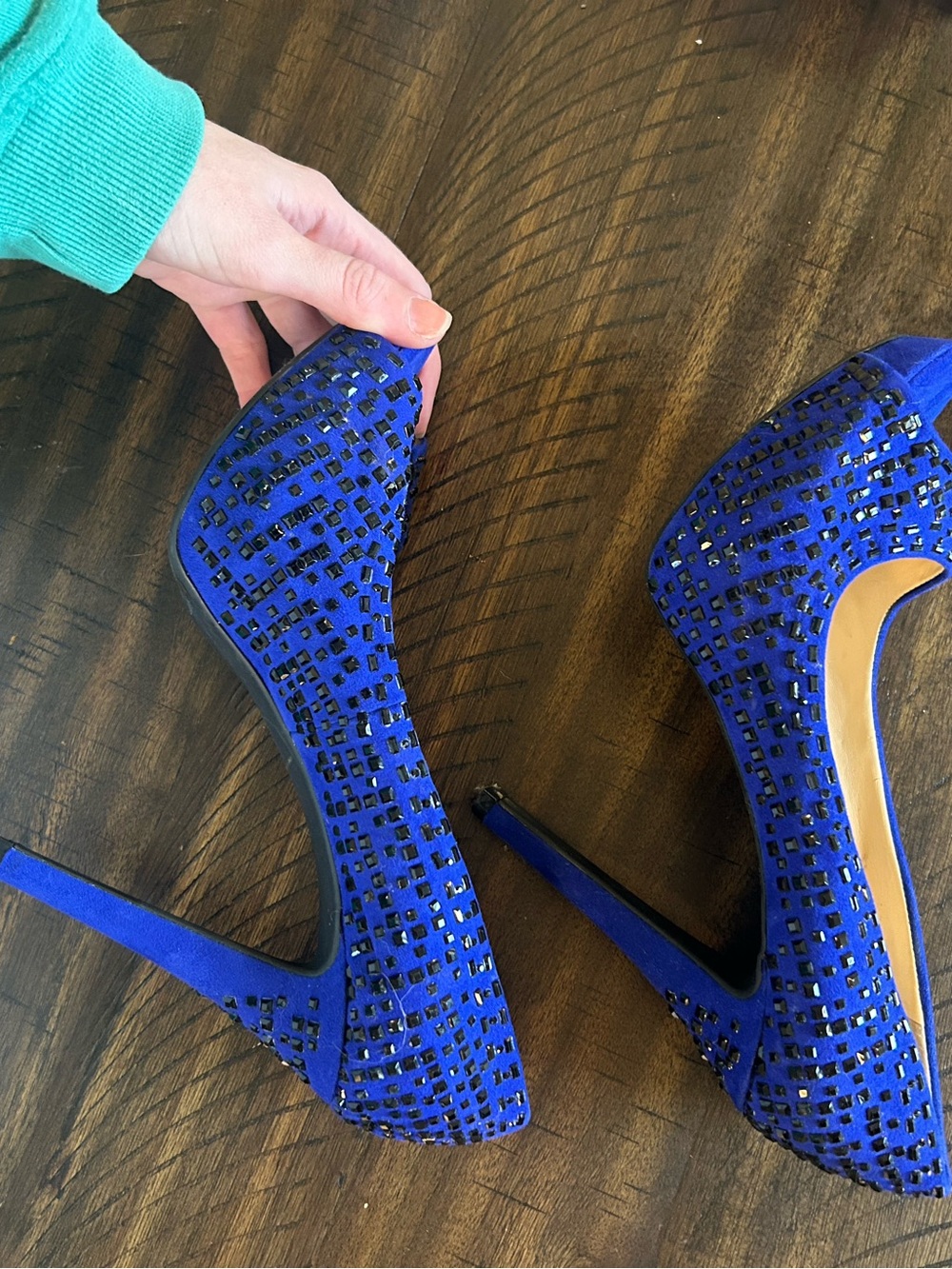 Gianni Bini Cobalt Blue Peep-Toe Embellished Stiletto Heels - Picture 3 of 6